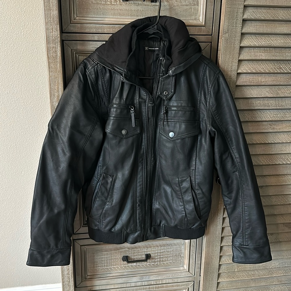 Brand new INC womwns medium leather jacket zip up with hood